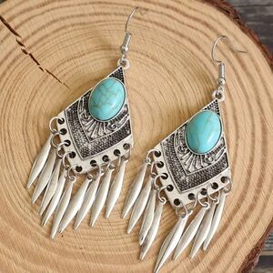 Bohemian Vintage Synthetic Turquoise Dangle Earrings – Silver-Plated Elegance